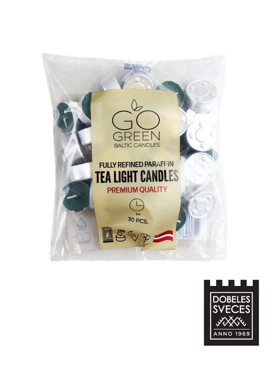 "GO GREEN" 6 h parafīna tējas sveces 30 gb. ZAĻAS