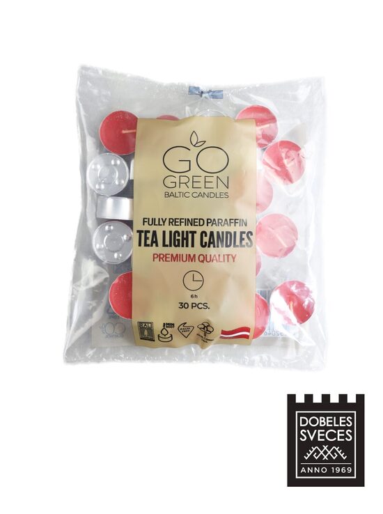 "GO GREEN" 6 h parafīna tējas sveces 30 gb. SARKANAS