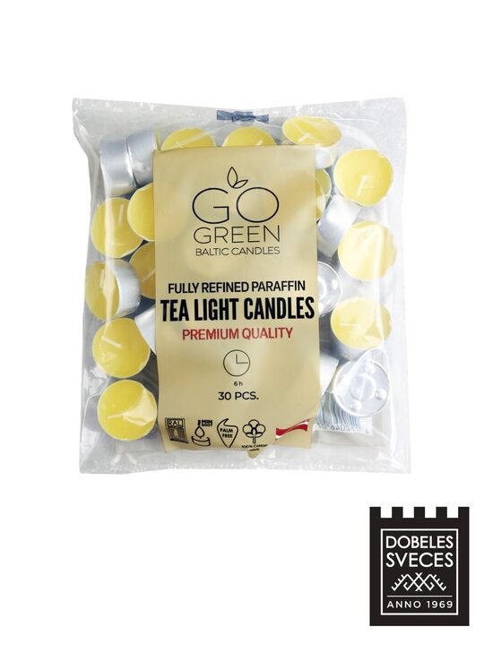 "GO GREEN" 6 h parafīna tējas sveces 30 gb. DZELTENAS