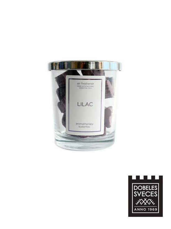 Ceriņu ziedu aromāta gaisa atsvaidzinātājs stikla traukā ar metāla vāciņu